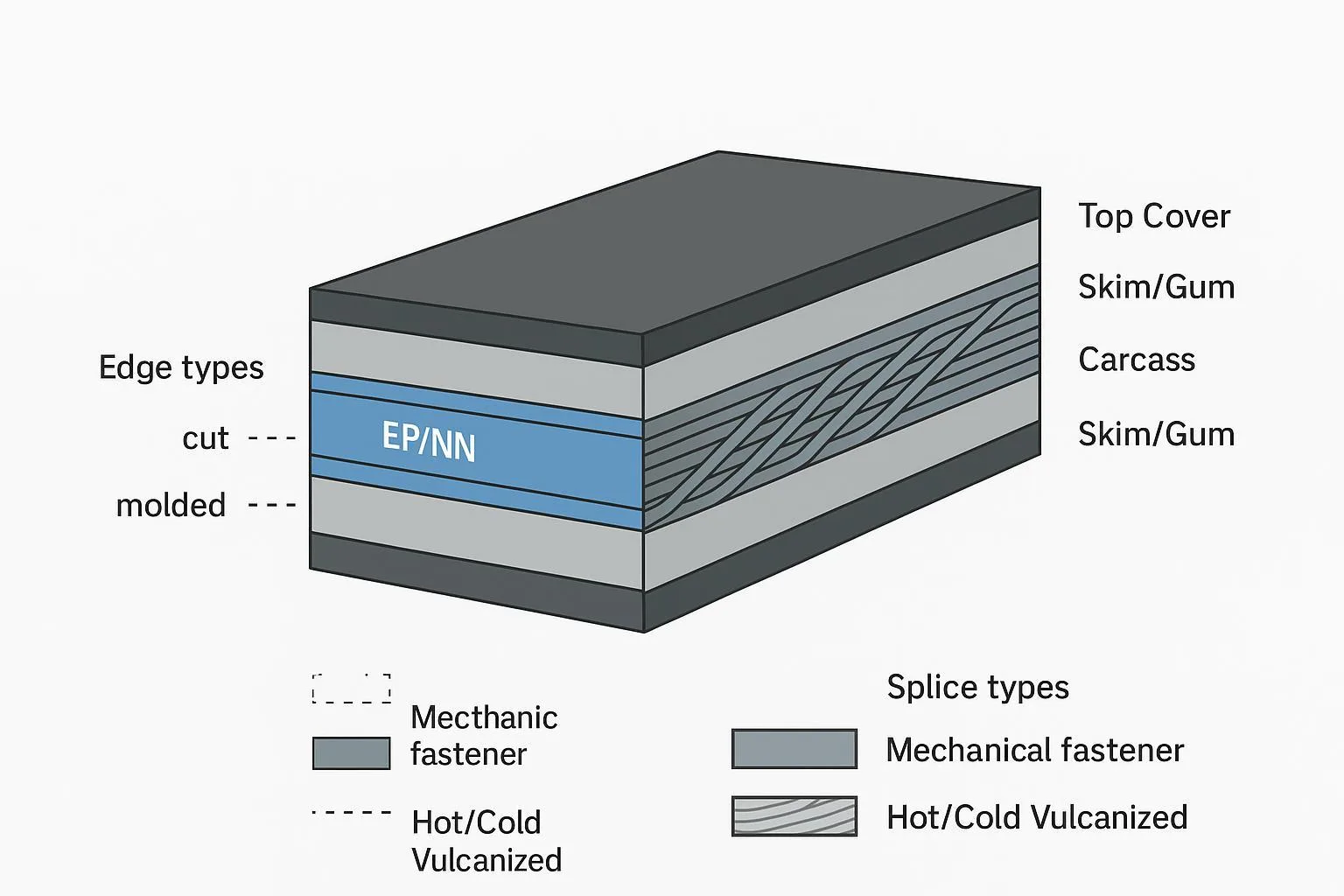 Conveyor belt cross-section with labeled layers and splice/edge callouts
