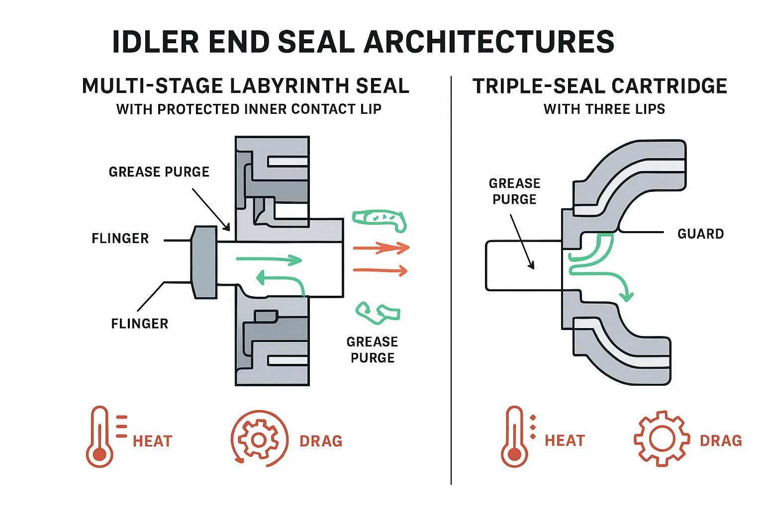 Infographic comparing labyrinth+lip versus triple-seal cartridge: ingress barriers and purge paths