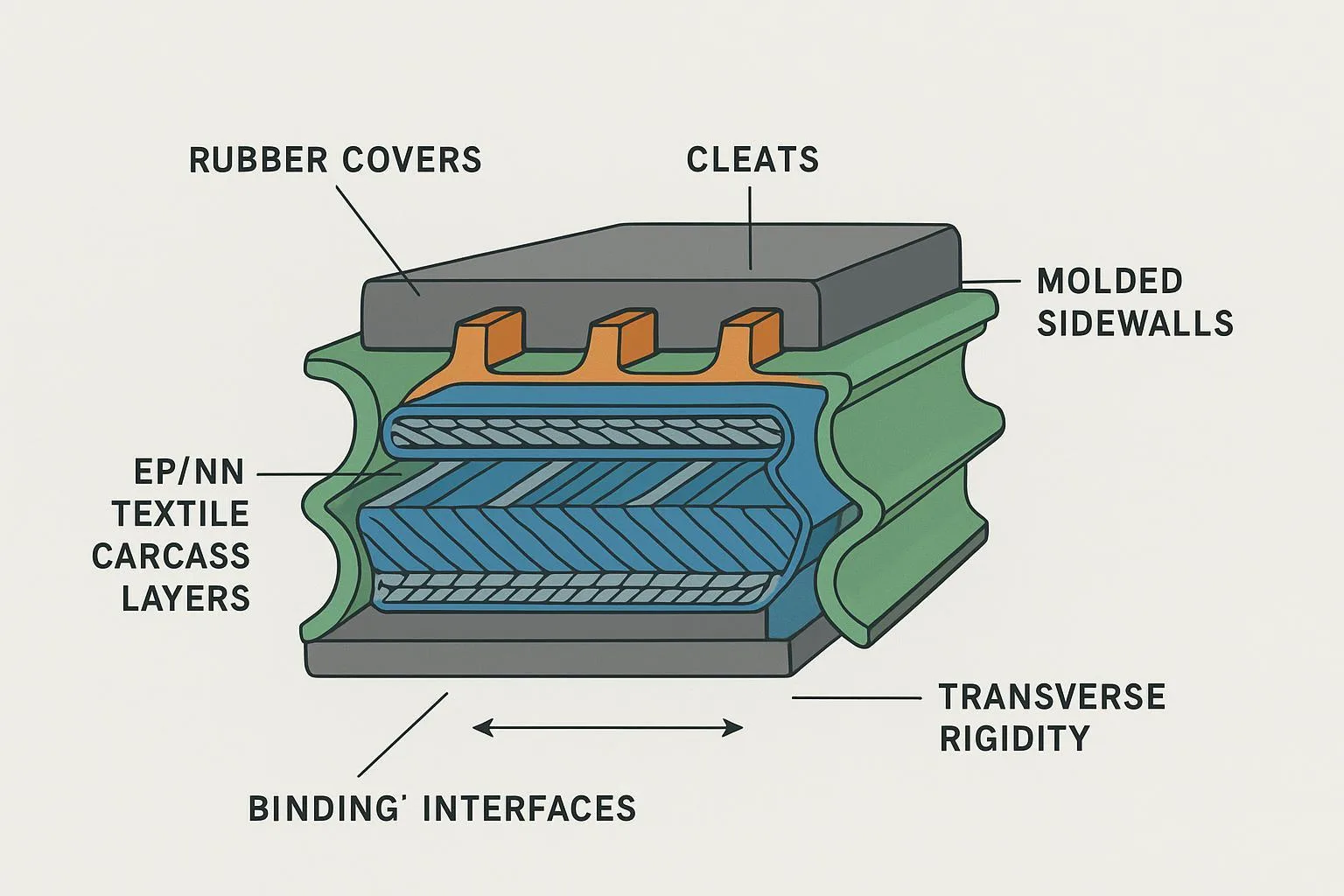 Annotated schematic of a sidewall belt cross-section with EP/NN carcass, sidewalls, and cleats