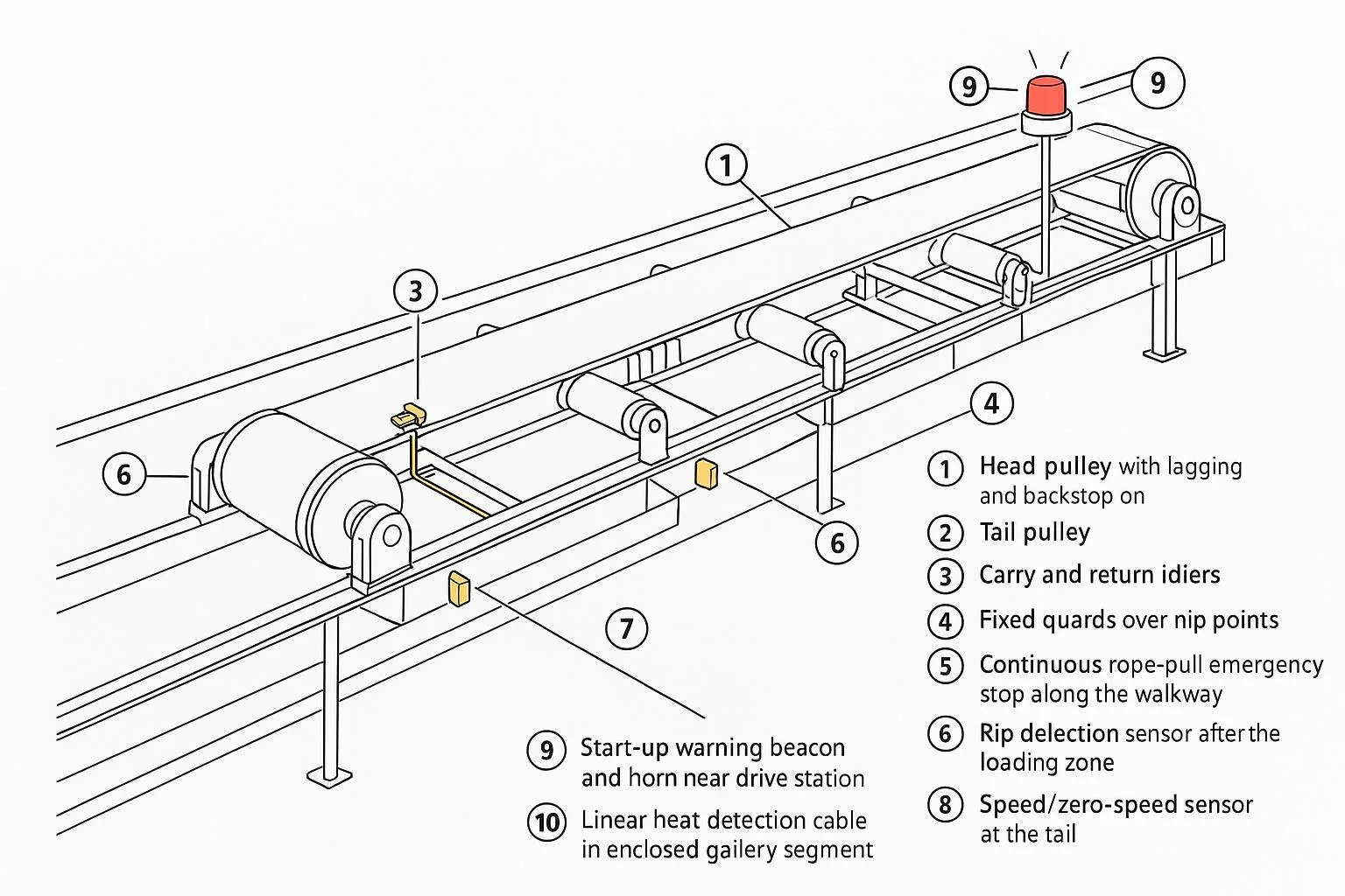 Annotated conveyor safety schematic with guards, pull-cord, sensors, and backstop