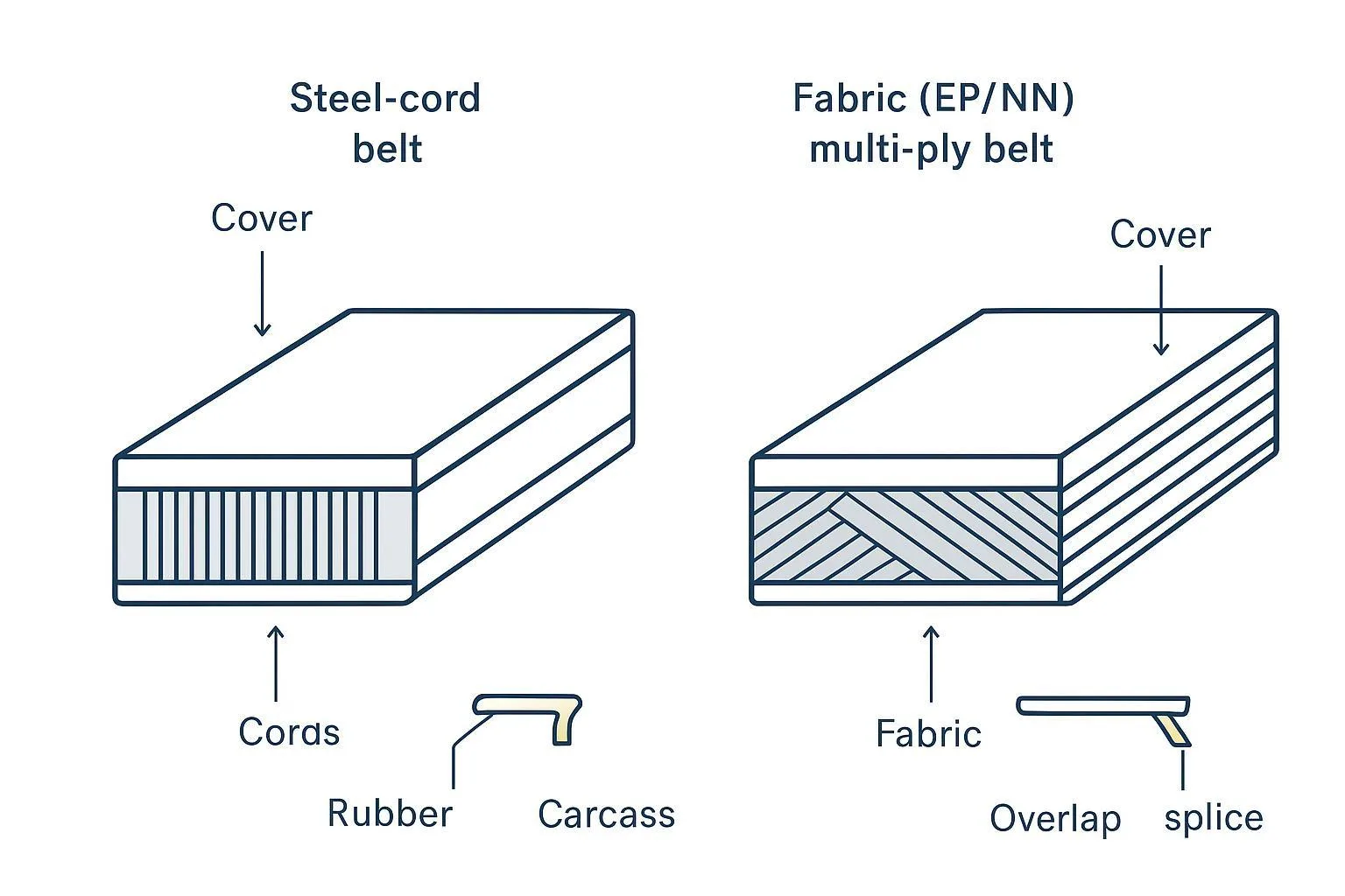 Schematic cross-sections comparing steel-cord and EP/NN fabric conveyor belts